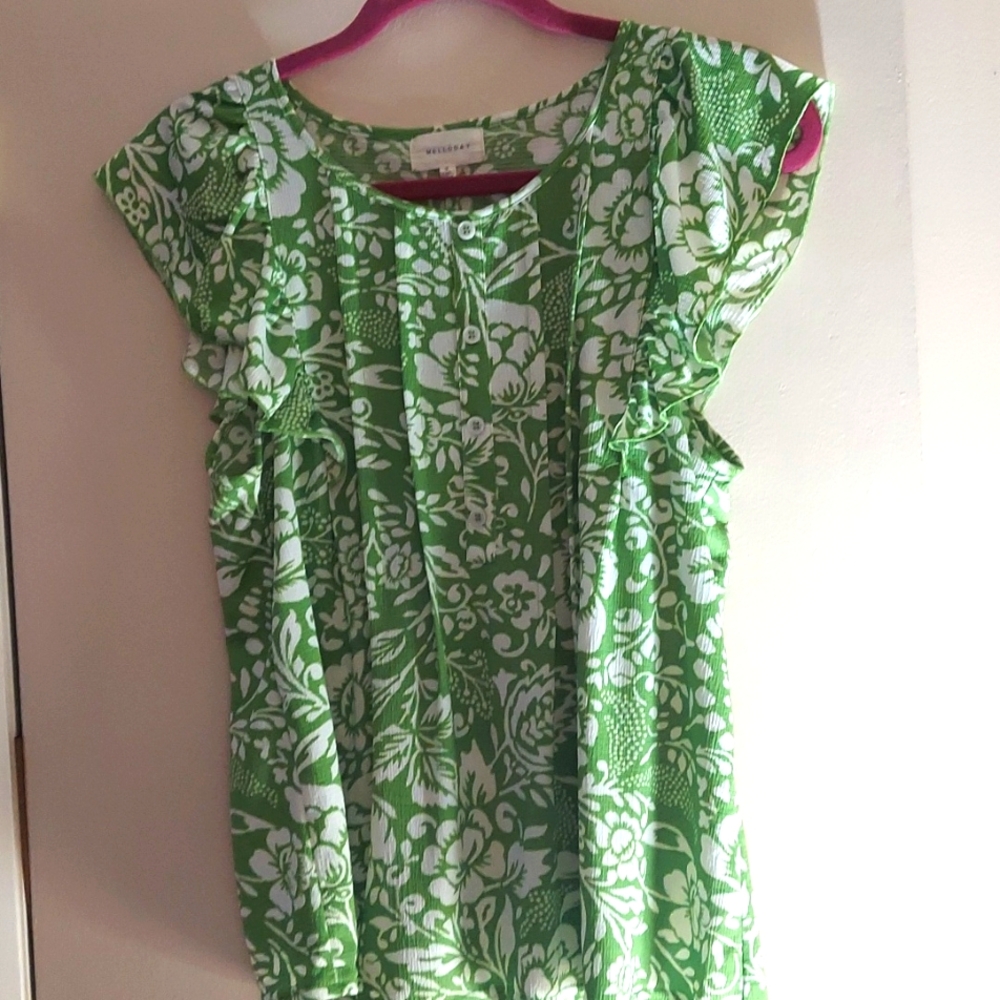 MELLODAY Green Floral Ruffle Sleeve Pleated Button Blouse Sz S